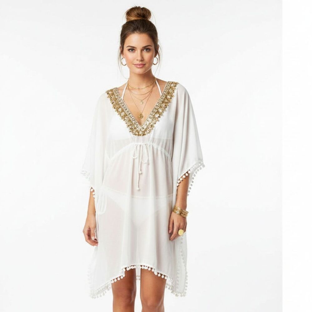 Victoria’s Secret white embellished, gold beach swim pool cover up S
